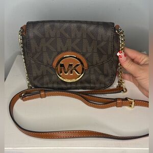 Michael Kors Brown Logo Crossbody with Tan Leather Trim and Gold Hardware